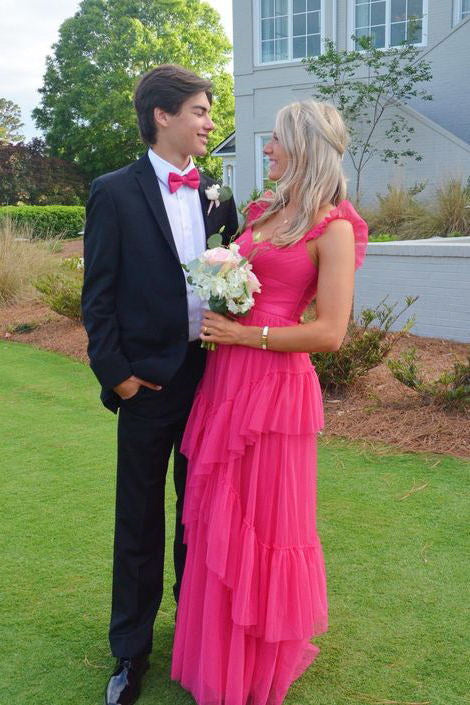 New Styles Hot Pink Long Prom Dresses A Line Tulle Tiered Formal Evening Gown trendtydresses New Styles Hot Pink Long Prom Dresses A Line Tulle Tiered Formal Evening Gown trendtydresses