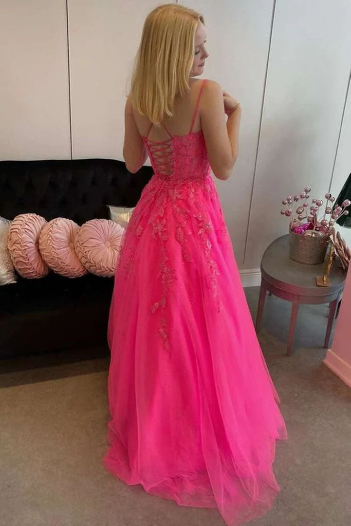 Hot Pink Tulle Lace A line Long Prom Dresses, Appliques Evening Dresses With Lace Up OM0284