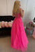 Hot Pink Tulle Lace A line Long Prom Dresses, Appliques Evening Dresses With Lace Up OM0284