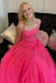 Hot Pink Tulle Lace A line Long Prom Dresses, Appliques Evening Dresses With Lace Up OM0284
