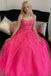 Hot Pink Tulle Lace A line Long Prom Dresses, Appliques Evening Dresses With Lace Up OM0284