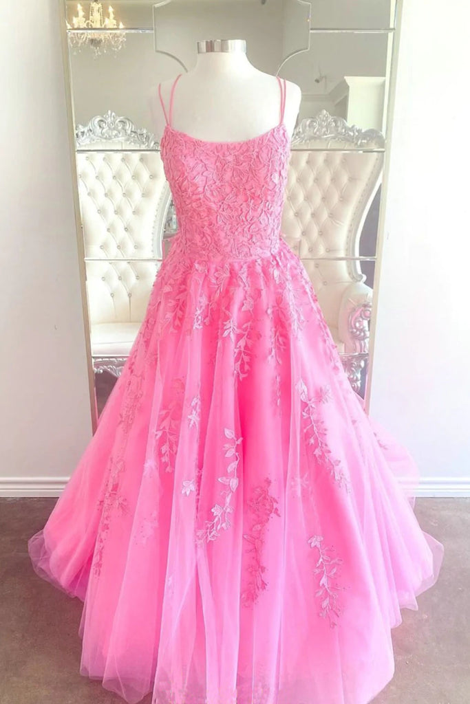 Hot Pink Tulle Lace A line Long Prom Dresses, Appliques Evening Dresses With Lace Up OM0284