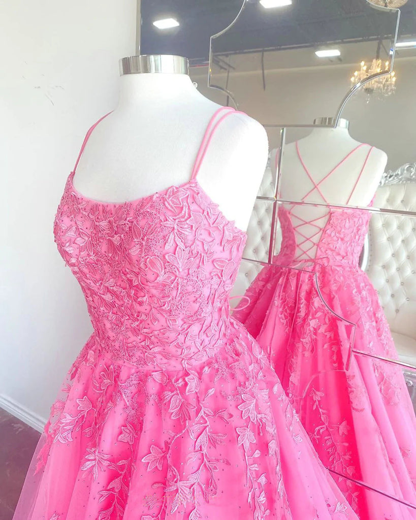 Hot Pink Tulle Lace A line Long Prom Dresses, Appliques Evening Dresses With Lace Up OM0284