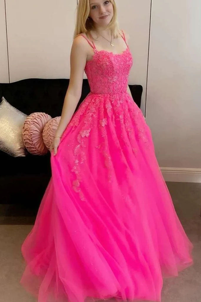 Hot Pink Tulle Lace A line Long Prom Dresses, Appliques Evening Dresses With Lace Up OM0284