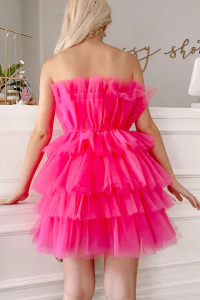 Hot Pink Strapless Tulle Tiered Short Prom Dresses, Sleeveless Homecoming Dress OMH0205