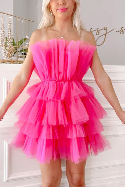 Hot Pink Strapless Tulle Tiered Short Prom Dresses, Sleeveless Homecoming Dress trendtydresses Hot Pink Strapless Tulle Tiered Short Prom Dresses, Sleeveless Homecoming Dress trendtydresses