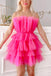 Hot Pink Strapless Tulle Tiered Short Prom Dresses, Sleeveless Homecoming Dress OMH0205