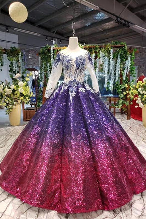 Ball Gown Long Sleeves Sequins Ombre Prom Dress, Pretty Quinceanera Dress PDQ45