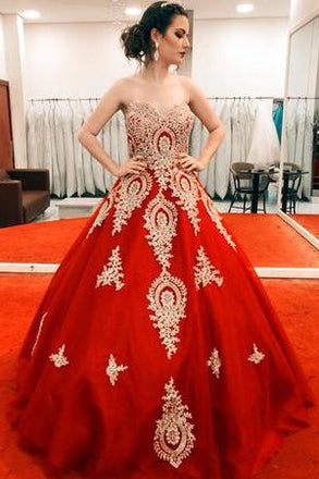 Gold Lace Appliques Sweetheart Ball Gown Prom Dress Sweet 16 Dress Quinceanera Dresses PDI59