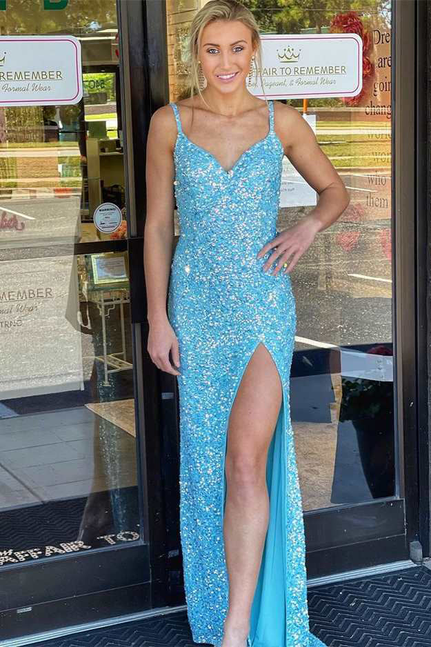Ice Blue Sequin V-Neck Mermaid Straps Long Prom Dress With Detachable Train OM0245