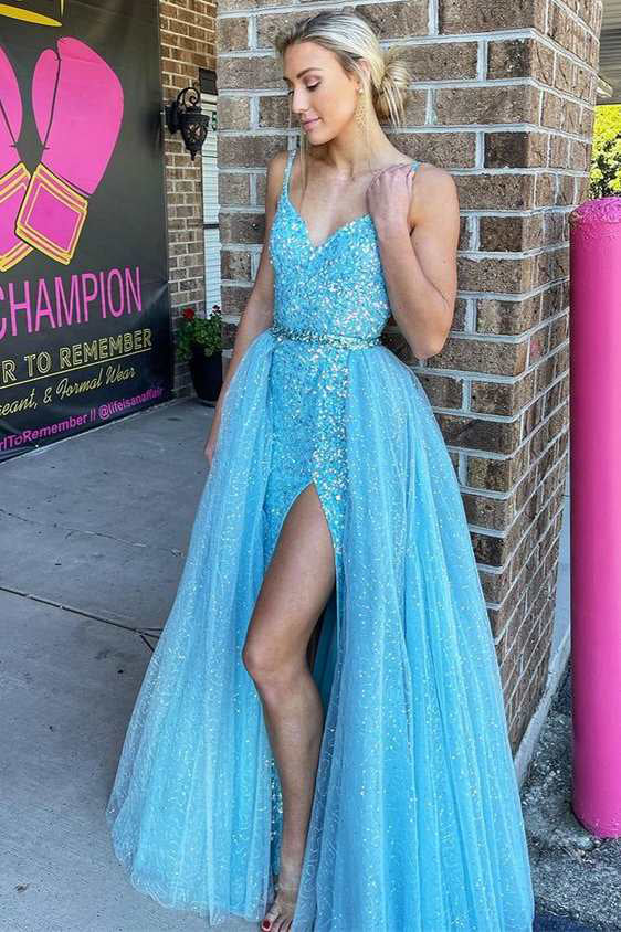 Ice Blue Sequin V-Neck Mermaid Straps Long Prom Dress With Detachable Train – trendtydresses