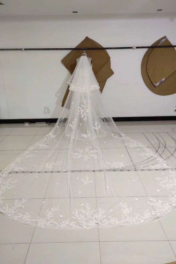 Two Tiers Ivory Lace Appliqued Tulle Wedding Veil, Bridal Veil WV21