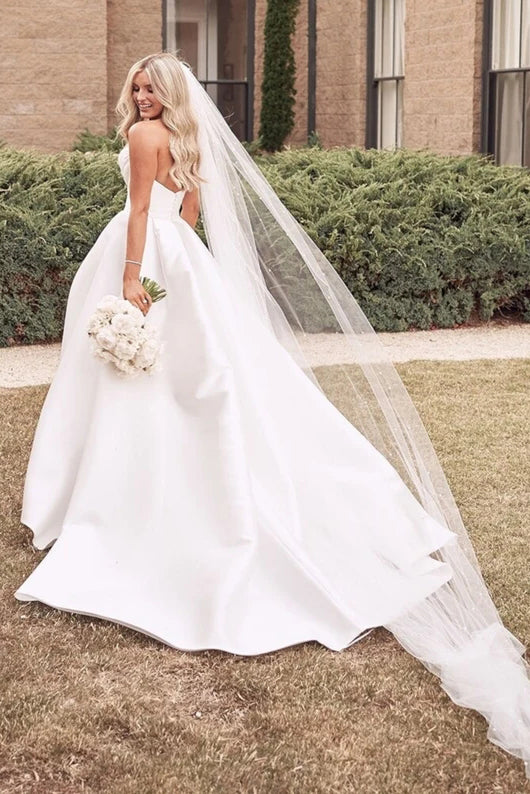 Simple A-Line Ivory Satin Strapless Sweetheart Wedding Dresses with Ruffles High Split OW0058