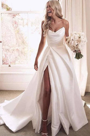 Simple A-Line Ivory Satin Strapless Sweetheart Wedding Dresses with Ruffles High Split OW0058