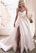 Simple A-Line Ivory Satin Strapless Sweetheart Wedding Dresses with Ruffles High Split OW0058
