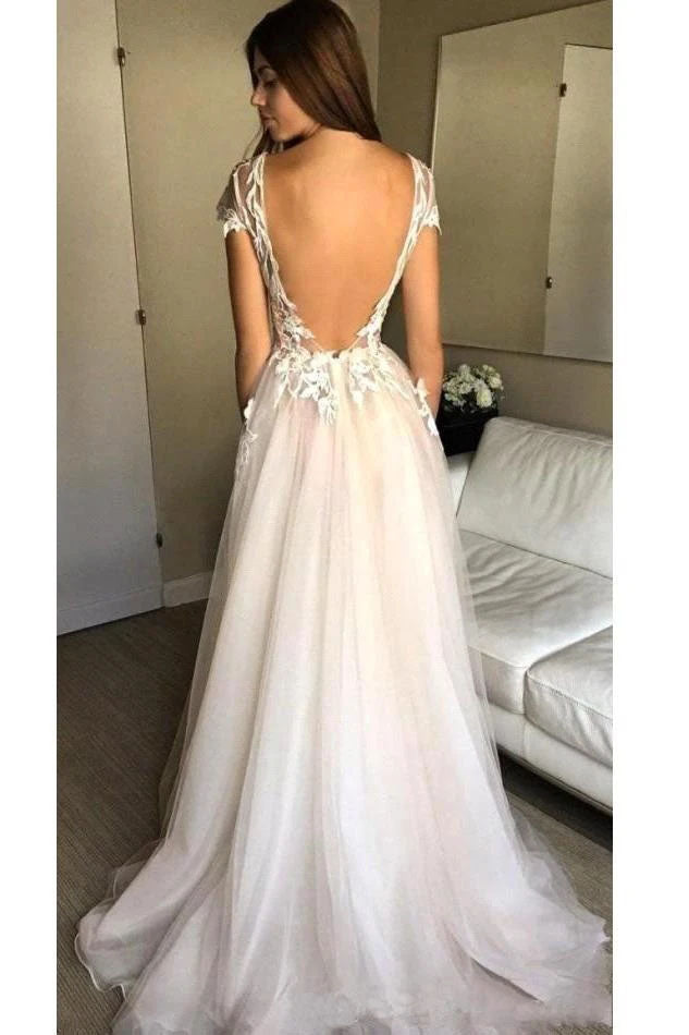 Charming Deep V Neck Tulle Prom Dresses with Appliques Backless Split Wedding Dresses SK07