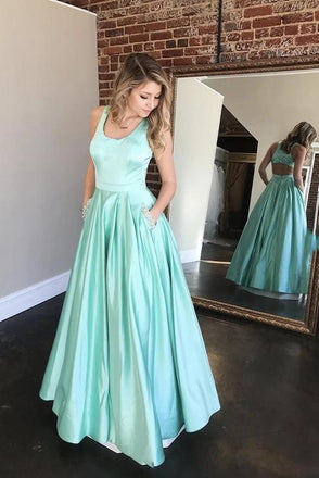 Unique A line Mint Green V Neck Long Satin Prom Dress With Beaded Pockets PD160