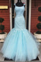 Elegant Spaghetti Straps Appliques Mermaid Blue Prom Dresses Long Evening Dresses TD118