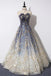 Elegant A Line Strapless Blue Floral Print Tulle Long Prom Dresses, Graduation Dresses PD162