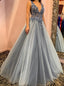 Charming A Line Blue Floral Embroidered Prom Dresses V Neck Long Formal Prom Dresses TD17