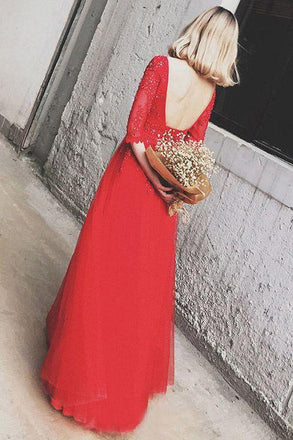 Red Bateau Floor-length Appliques Half Sleeves Long Prom Dress Evening Dress PDS49