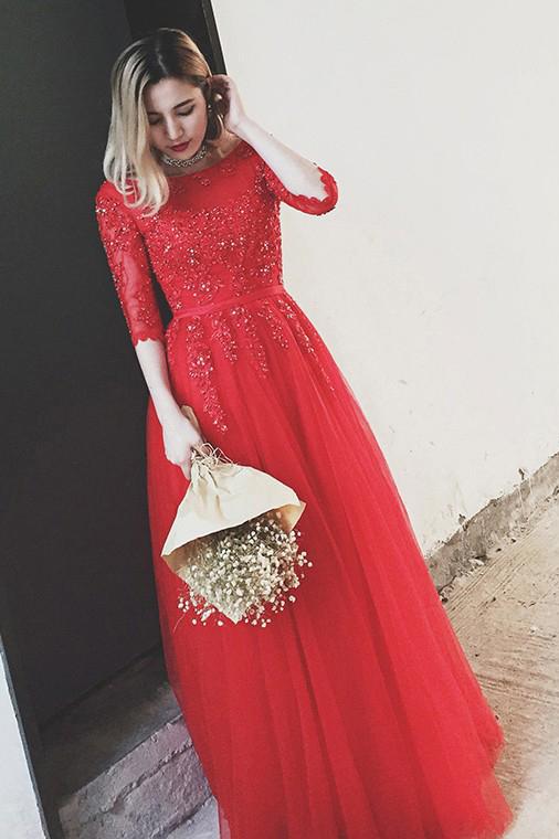 Red Bateau Floor-length Appliques Half Sleeves Long Prom Dress Evening Dress PDS49