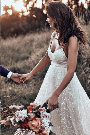 Backless Straps Long A-line Lace Simple Bridal Gown Wedding Dresses PPD79