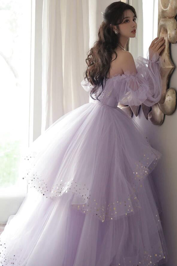 Light Purple Tulle Purple Prom Dresses With Sleeves Flowy Purple Long Tulle Prom Dress With Puffy Light Purple Tulle Purple Prom Dresses With Sleeves Flowy Purple Long Tulle Prom Dress With Puffy