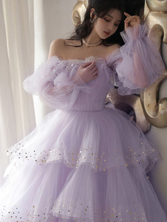 Princess Light Purple Tulle Prom Dresses with Long Sleeves, Quinceanera Dress OM0299