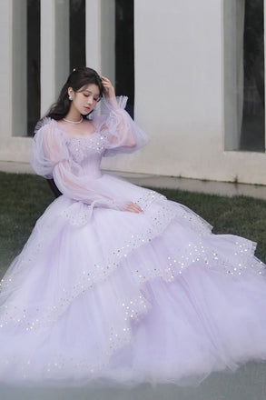 Princess Light Purple Tulle Prom Dresses with Long Sleeves, Quinceanera Dress OM0299