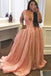 Sparkly A Line Long Sleeve V Neck Pink Plus Size Long Prom Dresses with Appliques OM0230