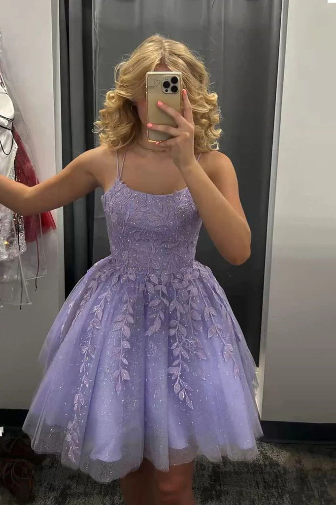 A line Lavender Tulle Lace Appliques Short Homecoming Dresses, Sparkly Sleeveless Party Dress OMH0251
