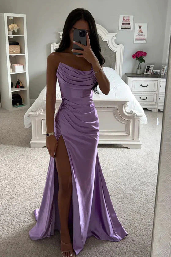 Simple Sheath Lavender Strapless A-Line Prom Dress With Slit Evening Gown trendtydresses Simple Sheath Lavender Strapless A-Line Prom Dress With Slit Evening Gown trendtydresses