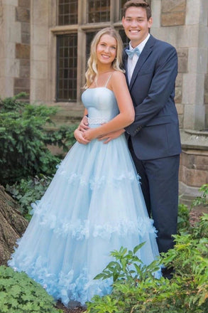 A Line Light Blue Spaghetti Straps Floral Prom Dresses, Ruffles Formal Dresses OM0253