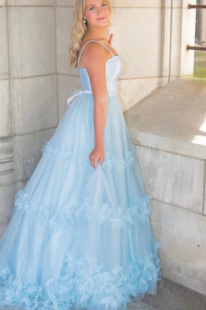 A Line Light Blue Spaghetti Straps Floral Prom Dresses, Ruffles Formal Dresses OM0253
