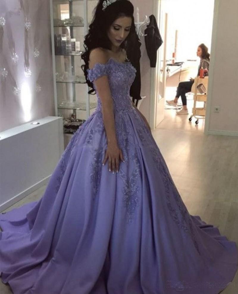 Lavender Ball Gown Off the Shoulder Lace Appliques Prom Dresses PDJ66