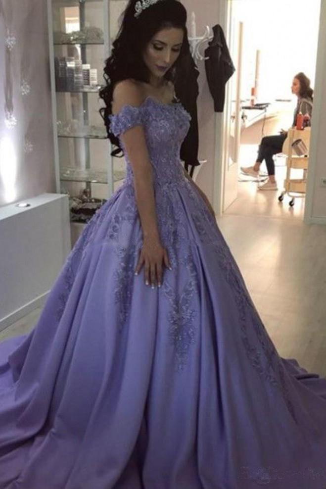 Lavender Ball Gown Off the Shoulder Lace Appliques Prom Dresses PDJ66