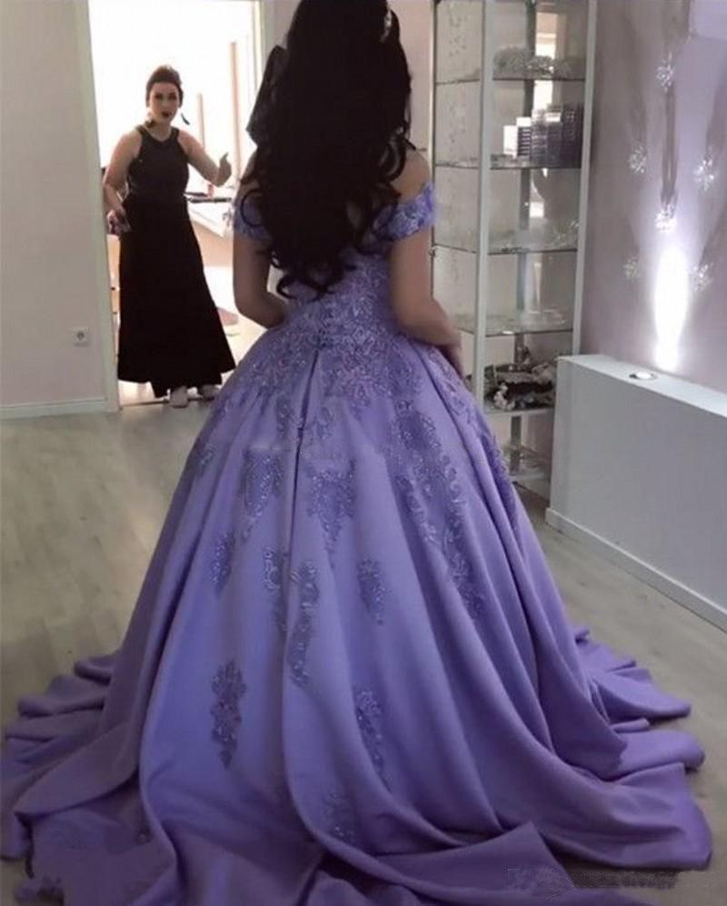 Lavender Ball Gown Off the Shoulder Lace Appliques Prom Dresses PDJ66