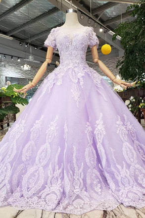 Lilac Ball Gown Short Sleeves Prom Dresses with Lace, Quinceanera Dress PDL41