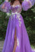 Lilac A line Long Sleeves Spaghetti Straps Prom Dresses with Side Slit, Appliques Dance Dress OM0149