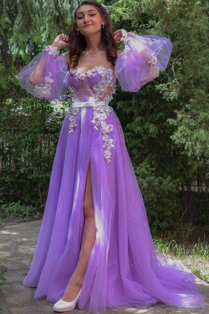 Lilac A line Long Sleeves Spaghetti Straps Prom Dresses with Side Slit, Appliques Dance Dress OM0149