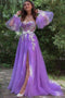 Lilac A line Long Sleeves Spaghetti Straps Prom Dresses with Side Slit, Appliques Dance Dress OM0149