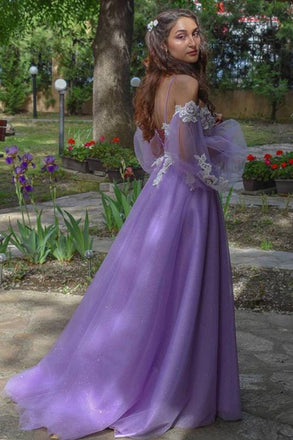 Lilac A line Long Sleeves Spaghetti Straps Prom Dresses with Side Slit, Appliques Dance Dress OM0149