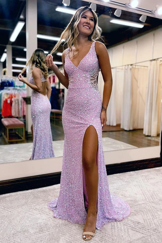 Sparkly Mermaid Lilac Sequins V Neck Hollow-Out Backless Prom Dress With Slit OM0371