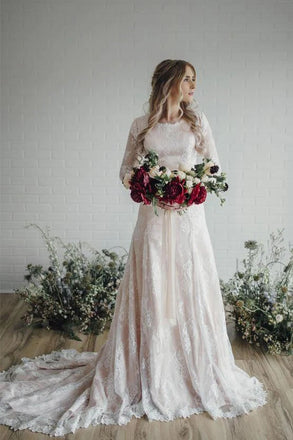 Charming A line Long Sleeve Ivory Lace Wedding Dresses, Round Neck Bridal Dresses OW0088