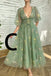 Elegant A line Tulle Half Sleeves Embroidery V Neck Long Prom Evening Dress With Appliques OM0179