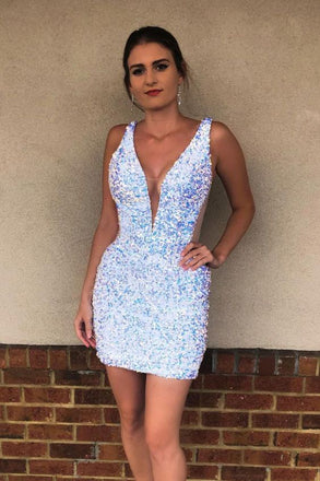 Mermaid V Neck Sequined Short Prom Dresses, Homecoming Dresses OMH0028