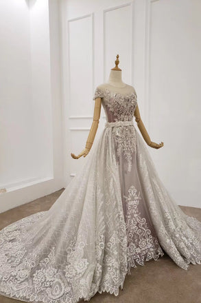 Elegant A Line Round Neck Sheer Neckline Beaded Formal Dresses With Detachable Train WD05