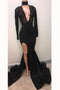Cheap Black Deep V-neck Long Sleeve Prom Dresses Split Sexy Evening Gown PDI36