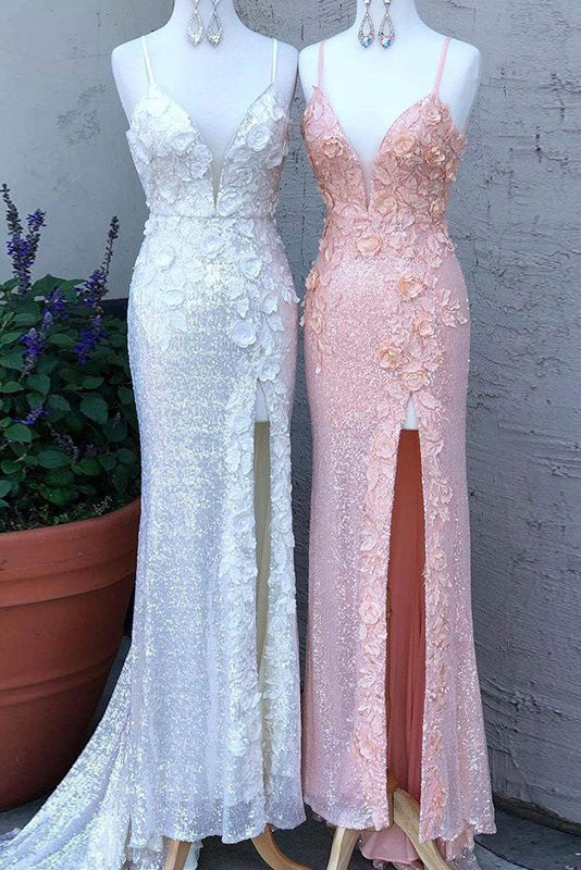 Sheath/Mermaid V Neck Spaghetti Straps V Neck Prom Dress With Appliques, Evening Dress OM0351
